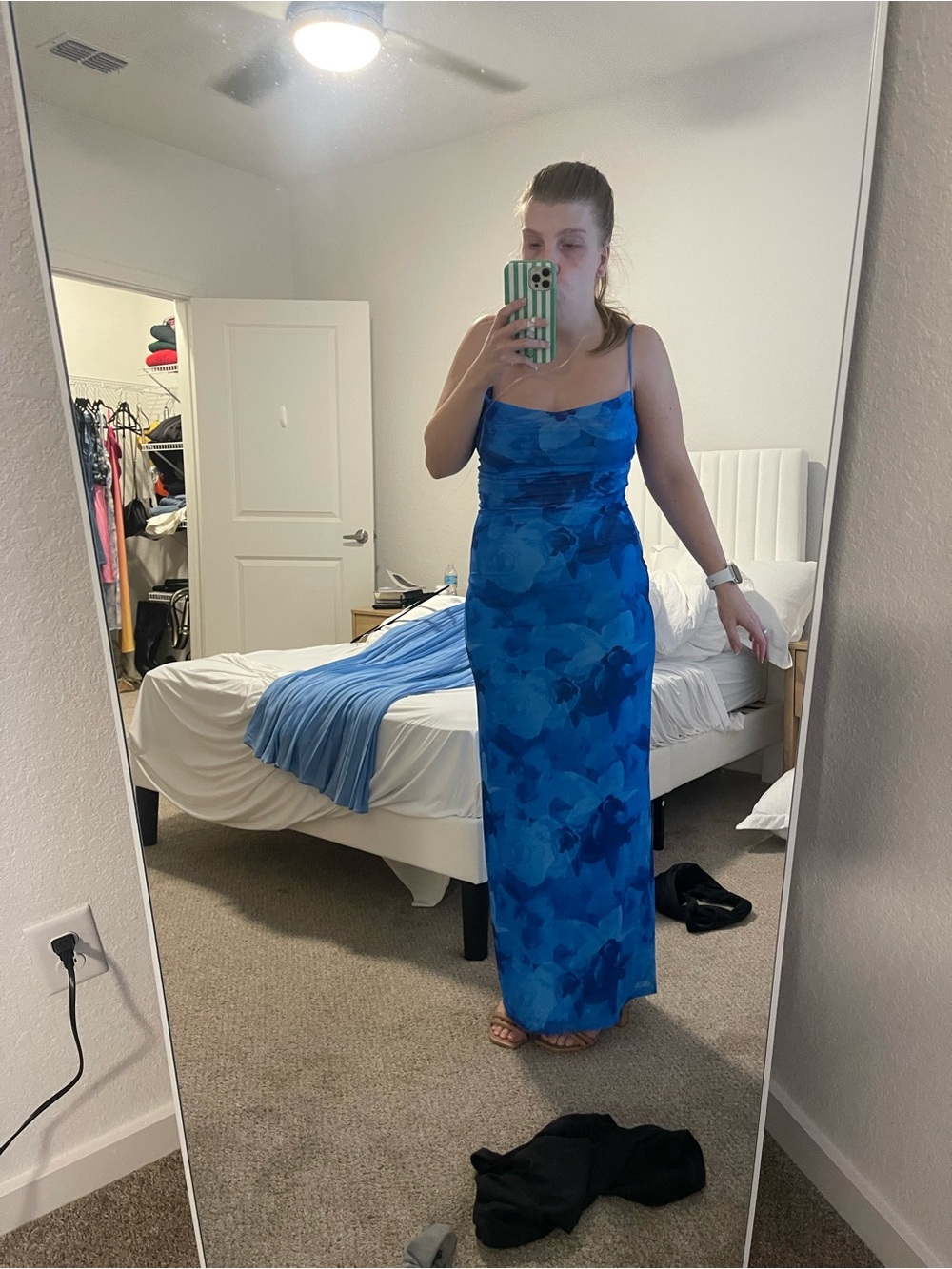 Blue Floral Satin Slip Dress with Adjustable Straps